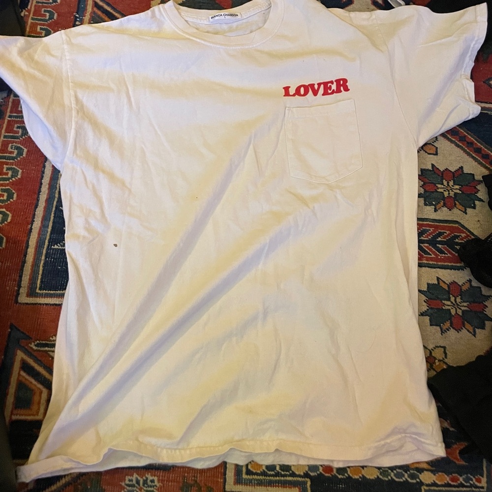 White 'LOVER' Pocket Tee with Red Script